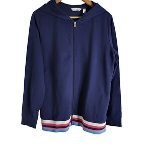 Women's Navy Hooded Zip Sweater Hoodie with Striped Hem